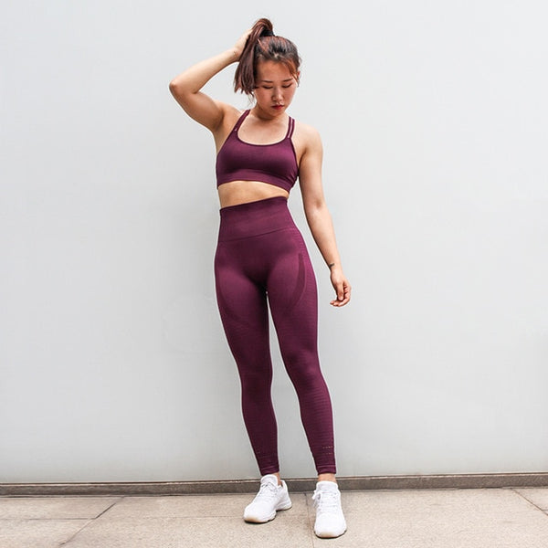 red seamless matching legging and sports bra
